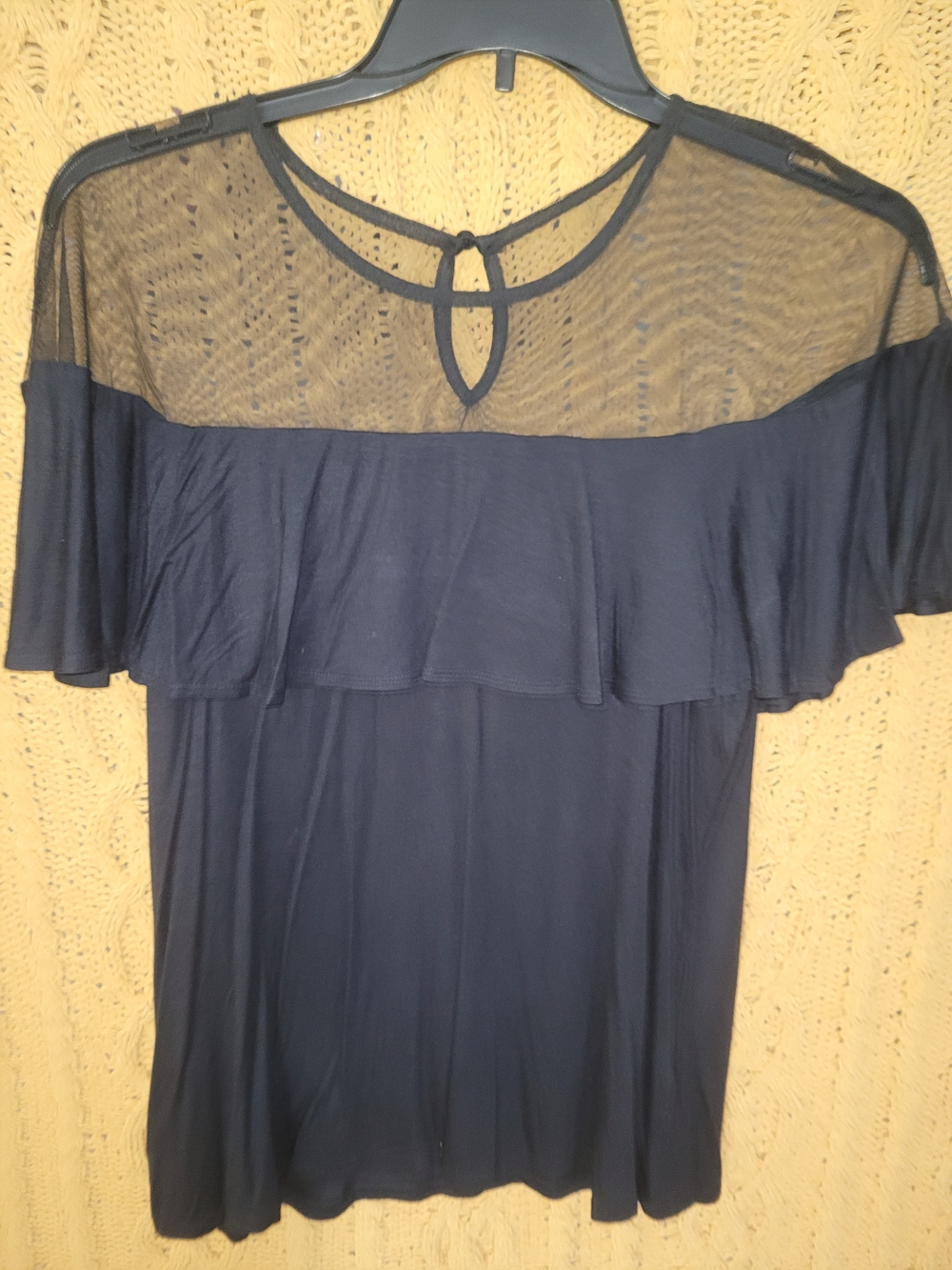INC International Concepts Black Off-Shoulder Ruffle Mesh Yoke Top